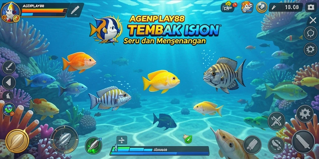 Tampilan gameplay AGENPLAY88 saat menembak ikan dengan senjata canggih.