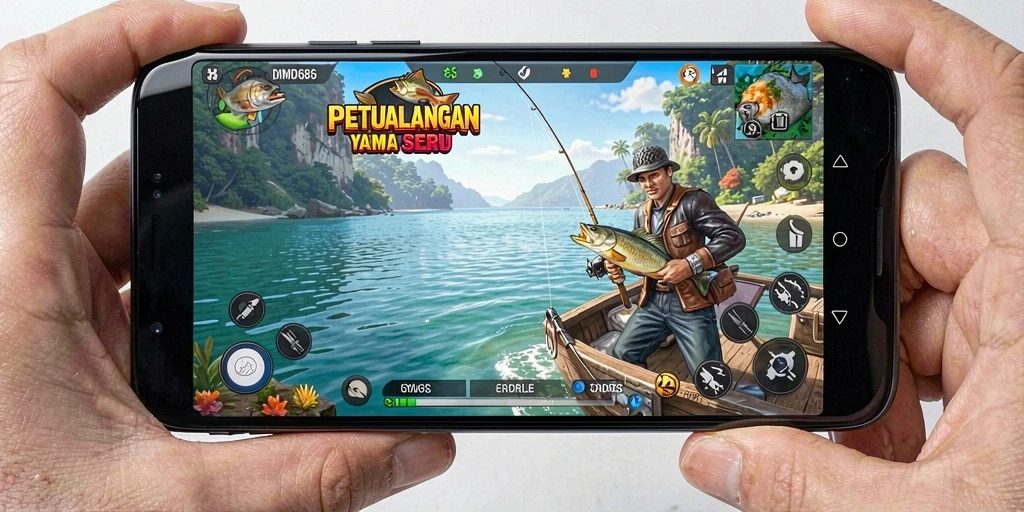 Screenshot gameplay DMD686 menampilkan aksi memancing yang mendebarkan.