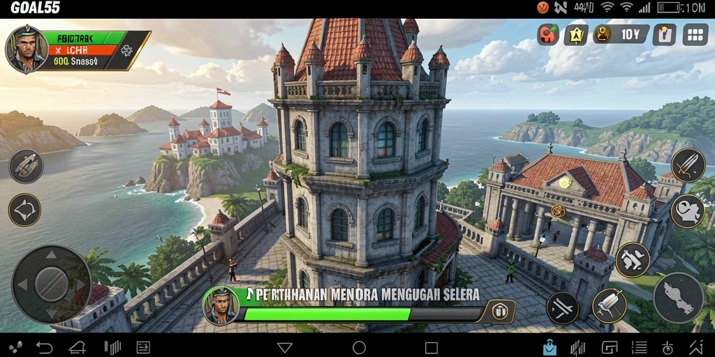 Tampilan gameplay GOAL55 dengan menara pertahanan yang strategis dan musuh menyerang.