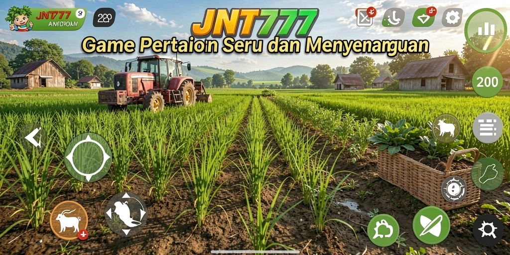 Tangkapan layar utama JNT777 menampilkan kebun yang subur dan berwarna-warni.