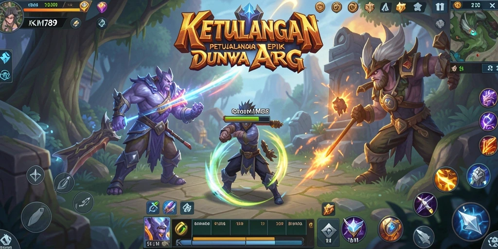 Screenshot gameplay KM789 menampilkan pertarungan epik dengan monster dan karakter unik.