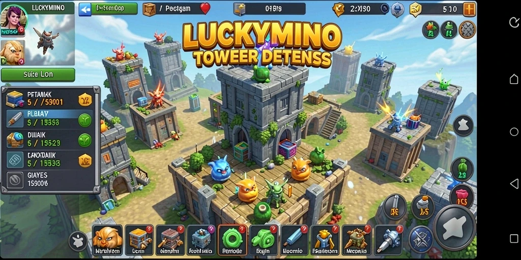 Screenshot gameplay LUCKYMINO menampilkan tower yang beraksi melawan serangan musuh.