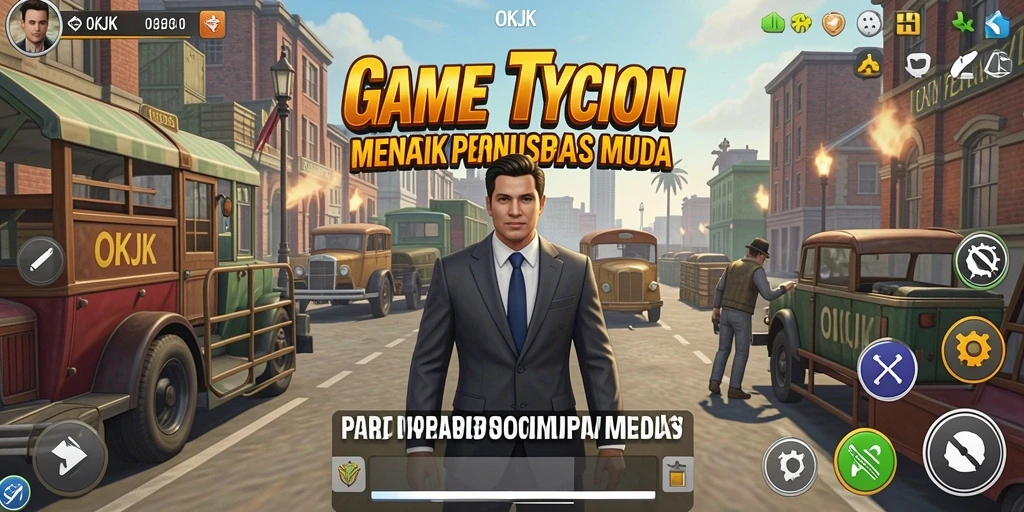 Tampilan gameplay OKJK dengan elemen manajemen bisnis yang menarik.