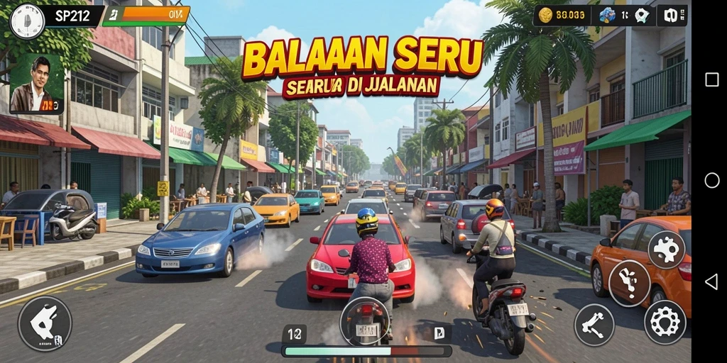 Screenshot utama SP212 menampilkan aksi balapan seru di jalanan yang menantang.
