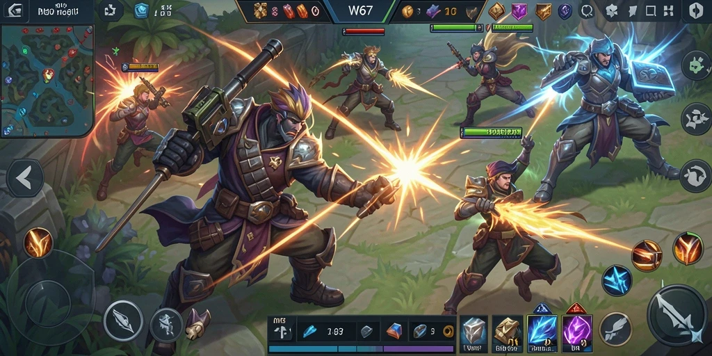 Tampilan gameplay menegangkan dalam W67 dengan strategi tim MOBA.